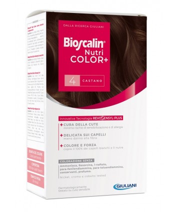 BIOSCALIN NUTRICOLOR PLUS 4 CASTANO CREMA COLORANTE 40 ML +RIVELATORE CREMA 60 ML + SHAMPOO 12 ML + TRATTAMENTO FINALEBALSAMO 12 ML